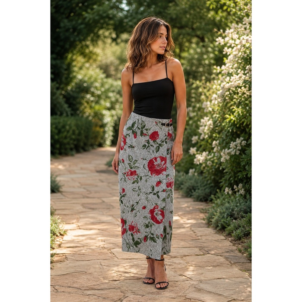 Vintage Nouveaux Skirt Womens 8 Gray Rose Floral Long Midi Buckle 36" Wool Blend